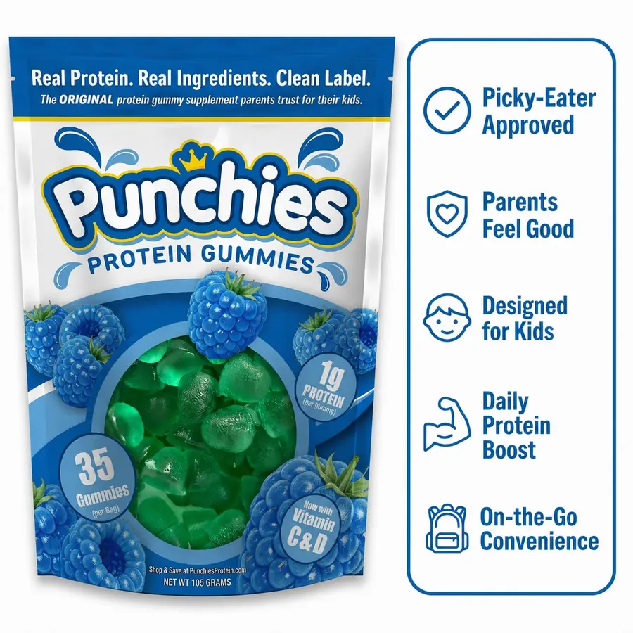 Kid friendly protein gummy: Punchies blue raspberry (limited flavor) protein gummies bag with label callouts