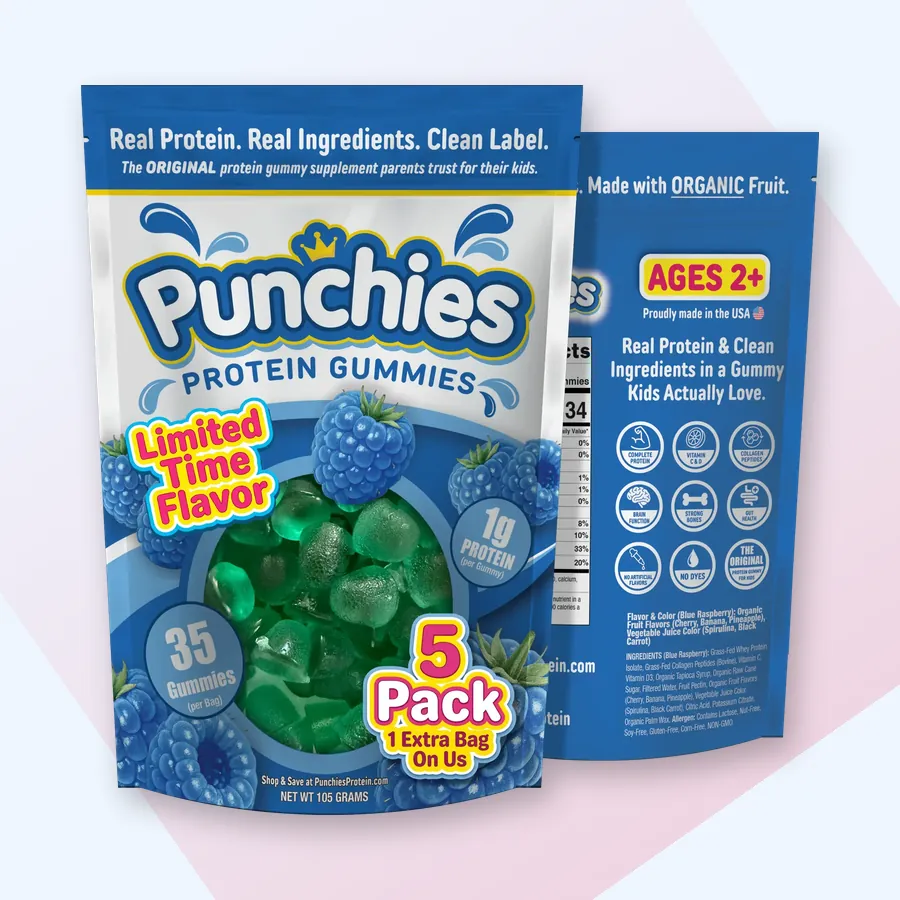 Kid friendly protein gummy: Punchies blue raspberry (limited flavor) protein gummies, 5-bag pack