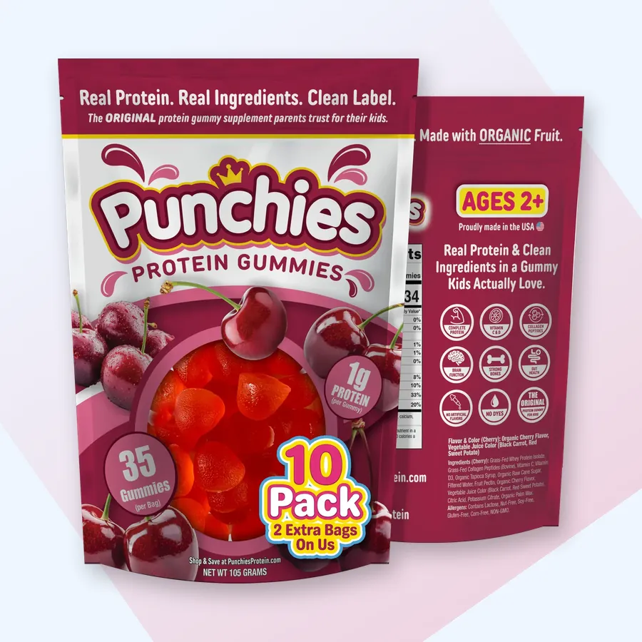 Kid friendly protein gummy: Punchies cherry protein gummies, 10-bag pack